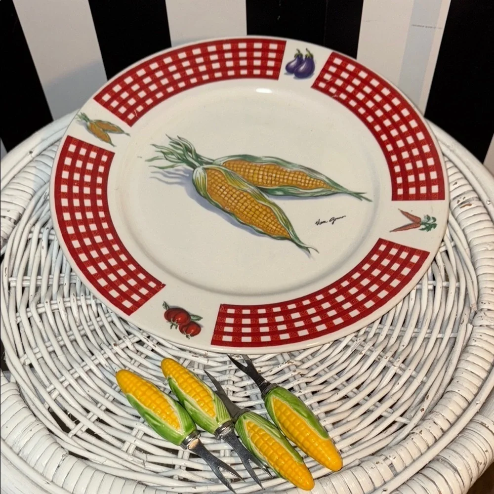 Red Gingham Corn Plate & Ceramic Corn Shaped holders / Small Forks Vintage 80s